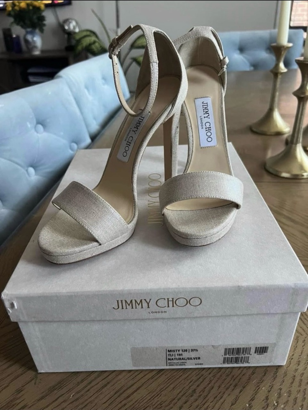 Jimmy Choo Natural/Silver Ankle-Strap Platform Sandals